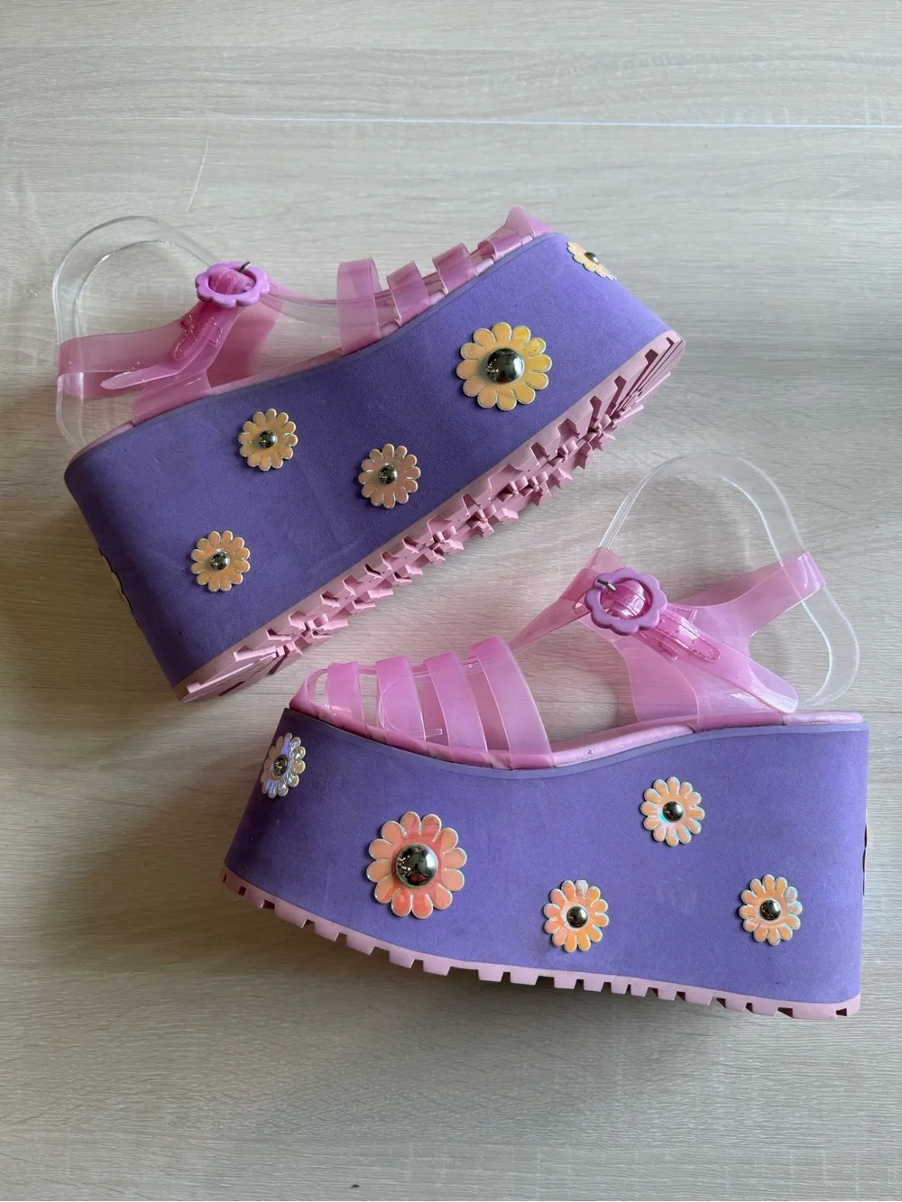 Sugar Thrillz Pink Jelly Platform Sandals Purple Daisy Flower Festival Y2K Sz 9M